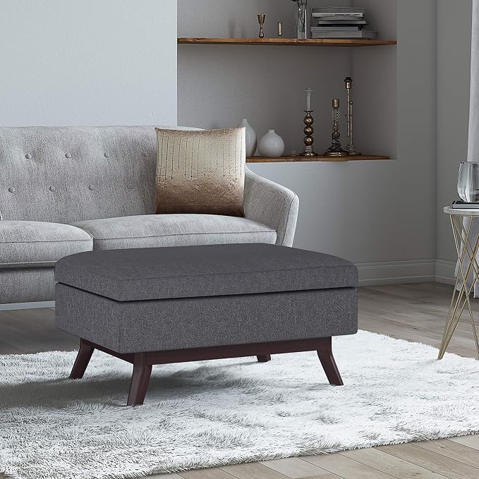 SIMPLIHOME Owen Coffee Table Storage Ottoman - 34" Wide x 19" High Upholstered Linen Look Fabric Rectangular Lift-Top Ottoman in Slate Grey, Mid-Century Modern Bench for Living Room with Tapered Legs