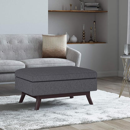 SIMPLIHOME Owen Coffee Table Storage Ottoman - 34" Wide x 19" High Upholstered Linen Look Fabric Rectangular Lift-Top Ottoman in Slate Grey, Mid-Century Modern Bench for Living Room with Tapered Legs