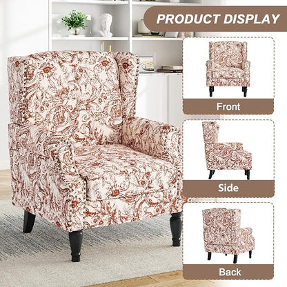 Pia Ricco Set of 2 Floral Accent Chairs, High Back Upholstered Armchairs with Retro Wingback Design, Nailhead Trim & Solid Wood Legs for Living Room Bedroom Home Office(Rococo Orange)