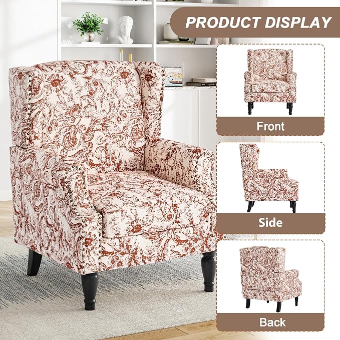 Pia Ricco High Back Floral Accent Chair - Retro Wingback Upholstered Armchair with Nailhead Trim, Solid Wood Legs, Fabric Living Room Bedroom Reading Chair (Rococo Orange)