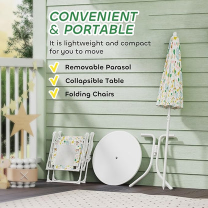 Qaba Kids Picnic Table and Chair Set, Outdoor Activity Table with Foldable Chairs, Removable Umbrella, Elephant and Giraffe Pattern Toddler Patio Furniture for Backyard, Garden, White