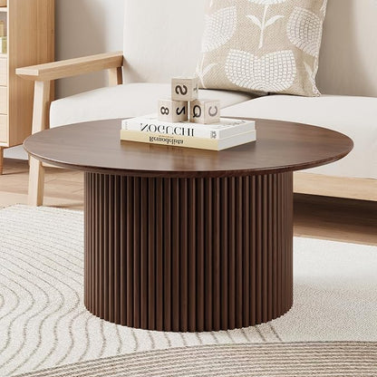 31.5" Round Coffee Table, Modern Fluted Accent Center Table with Metal Frame, Wooden Circle Coffee Tables for Living Room Small Space or Office (Walnut)
