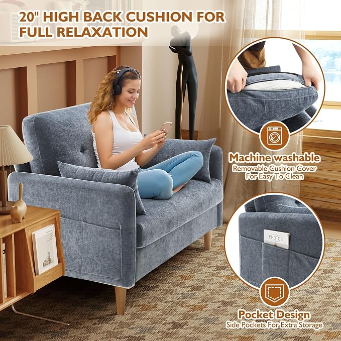Urhanherry 47" Small Sofa Couch for Bedroom, Soft Chenille loveseat Mini Couch with Throw Pillow and Removable Cushion Cover for Small Spaces, Living Room, Apartment, Dorm, Office(Blue Grey)