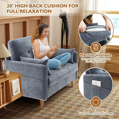 Urhanherry 47" Small Sofa Couch for Bedroom, Soft Chenille loveseat Mini Couch with Throw Pillow and Removable Cushion Cover for Small Spaces, Living Room, Apartment, Dorm, Office(Blue Grey)