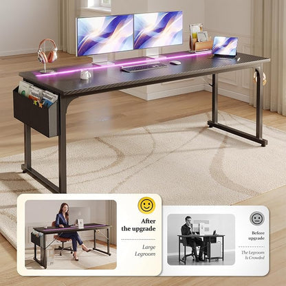 DurayLoly 63" Gaming Desk with LED Lights,Computer Desk with Storage Bag for Home Office, Long Desk with Headphone Hook for Study Writing Work Wood Desk,Sturdy Metal Frame,Bedroom,Black