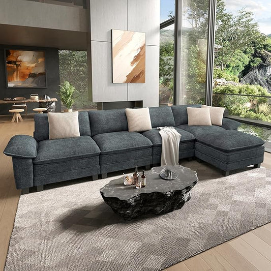 HERA'S HOUSE 158" Oversized Modular Sectional Sofa, Comfy L Shaped Couches for Living Room, Cloud Couch with Ottoman, 5-Seater Deep Seat Sofa with Throw Pillow, Chenille Blue
