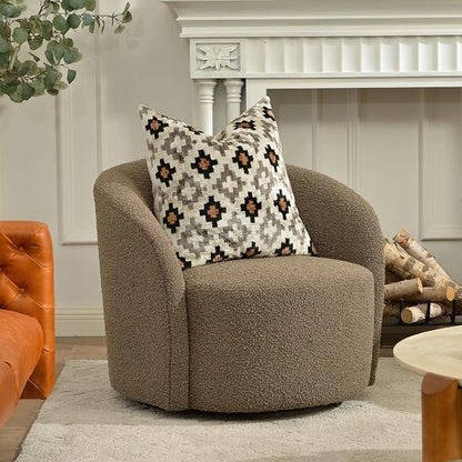 KINWELL 34" W Mid Century Modern Swivel Barrel Chair, Round Upholstered Boucle Swivel Accent Chairs, No Assembly Sofa Chair for Living Room Bedroom Reading Apartment Lounge Nursery(Teddy Brown)