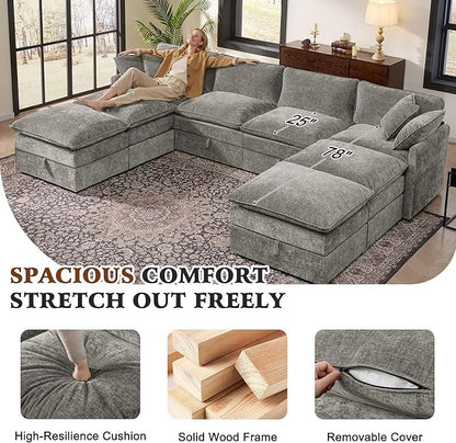 Ihanherry 135” Oversized Sectional Sofa Bed with Storage, 8-Seater Modular Cloud Couch with Movable Ottomans, Chenille Deep Seat Sleeper Couches for Living Room (Grey)