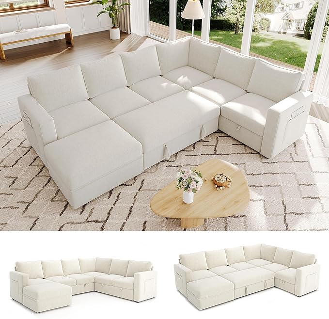 106.7" U-Shaped Modular Sectional Sofa with Pull-Out Bed & Storage, Modern 7-Seat Convertible Couch, Comfy L-Shape Sectional for Living Room, Apartment, Beige