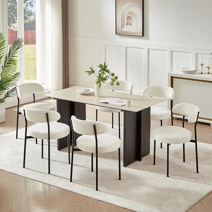 SoarFlash Dining Chairs, Beige Boucle Chairs Set of 6, Kitchen Dining Room Curved Backrest Upholstered Mid Century Modern Dining Chairs with Black Metal Legs