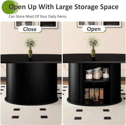 Wildhome Extendable Round Dining Table for 2-4-6, 63 Inch Dining Room Kitchen Table with 2-Tier Storage Shelf, Modern Farmhouse Fluted Wood Slide Door Dinner Furniture,Oval Circle,Black-63 Inch