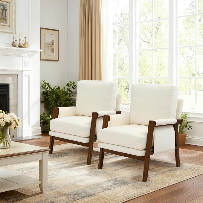 RNKSFX Accent Chairs for Living Room Set of 2, Modern Arm Chairs for Bedroom, Wooden Upholstered Mid Century Accent Chairs, Cream White