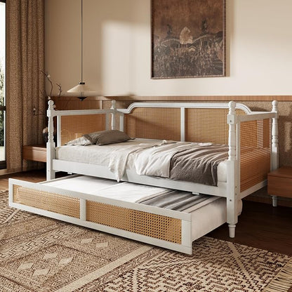 Merax Twin Size Rattan Bed Frame with Twin Size Trundle, Wood Bedframe Daybed for Bedroom, Guest Room, Limited Space, No Box Spring Needed, Antique White