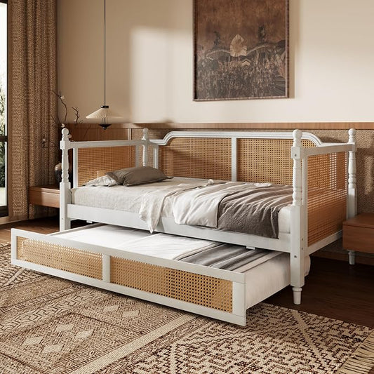 Merax Twin Size Rattan Bed Frame with Twin Size Trundle, Wood Bedframe Daybed for Bedroom, Guest Room, Limited Space, No Box Spring Needed, Antique White