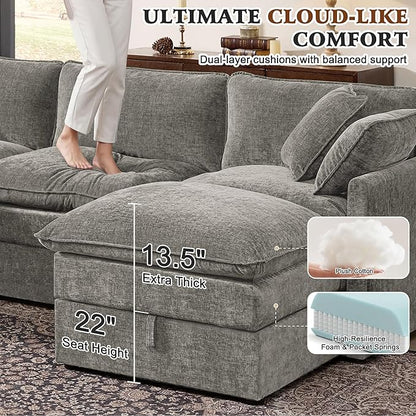 Ihanherry 103" Modular Sectional Sofa with Storage, L Shaped Cloud Couch with Movable Ottomans & Throw Pillows, Chenille Deep Seat Sectional Couches for Living Room, Apartment (Grey)