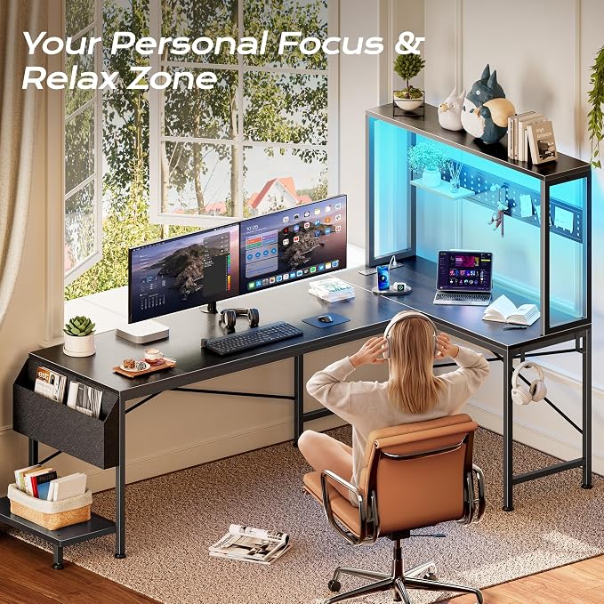PRAISUN L Shaped Gaming Desk with LED Lights & Power Outlets, Reversible Computer Desk with Storage Shelves & Bag, Large Corner Home Office Desk with Pegboard for Work from Home, Black