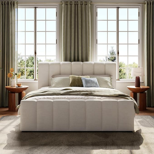Merax Queen Size Upholstered Platform Bed with Thick Headboard and Footboard, Block Style Linen Fabric Bed Frame with Solid Wood Legs, Beige