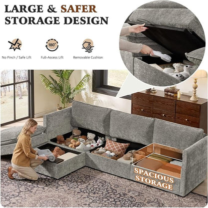 Ihanherry 103" Modular Sectional Sofa with Storage, L Shaped Cloud Couch with Movable Ottomans & Throw Pillows, Chenille Deep Seat Sectional Couches for Living Room, Apartment (Grey)