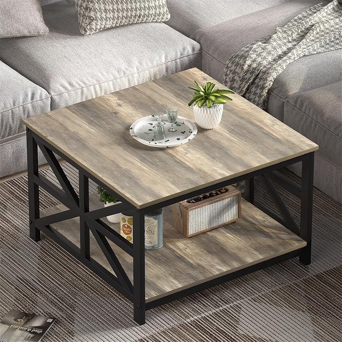 GreenForest Living Room Coffee Table with 2 Tier Storage | X Metal Frame Square Center Table with Seamless One-Piece Tabletop,27.55 inch Sofa Table,Scratch-resistant,Gray Wash