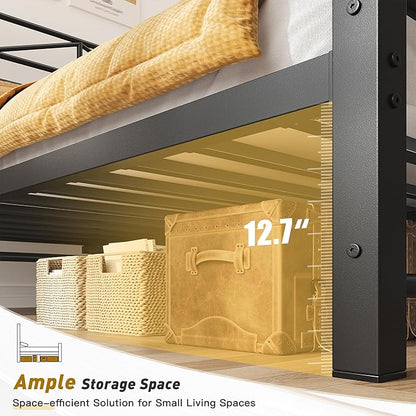 EnHomee 14.2" King Bed Frame with Tall Headboard & Footboard, Metal Bed Frame with Strong Slats Support and Noise-Free Design，Under Bed Storage，No Box Spring Needed，Black