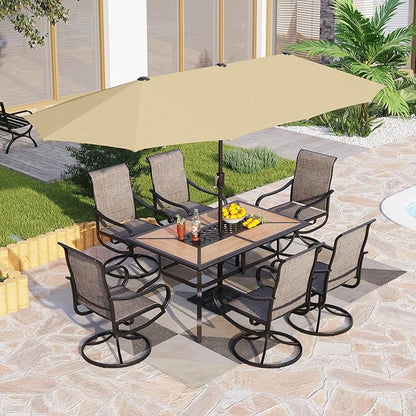 PHI VILLA Patio Dining Set with Umbrella for 6 Person, Outdoor Swivel Dining Chairs Set and 1 Large Rectangular Wooden-Like Top Table with 13ft Beige Outdoor Market Umbrella(No Base)