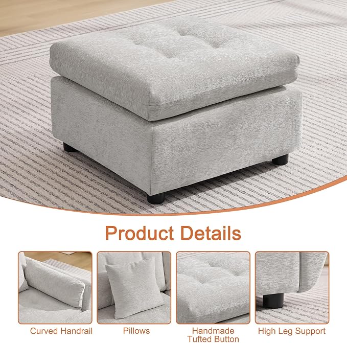 24" Square Modular Ottoman for Sectional Sofa, Tufted Chenille Upholstered Footrest, Cloud Sofa Ottoman for Living Room, Light Grey