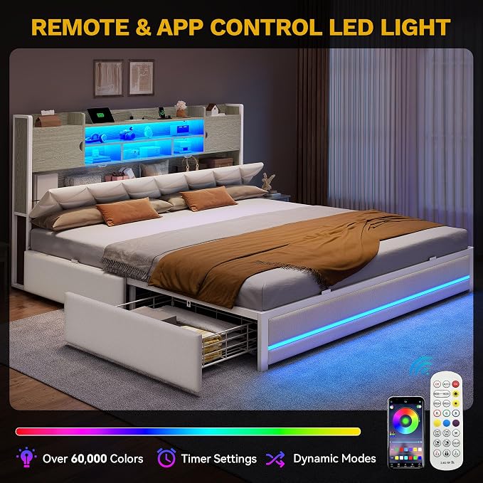 DWVO King Size Bed Frame with RGB LED Lights & Storage Bookcase Headboard, Upholstered Bed with Charging Station and 4 Drawers, No Box Spring Needed, Easy Assembly, Noise-Free, PU Leather White