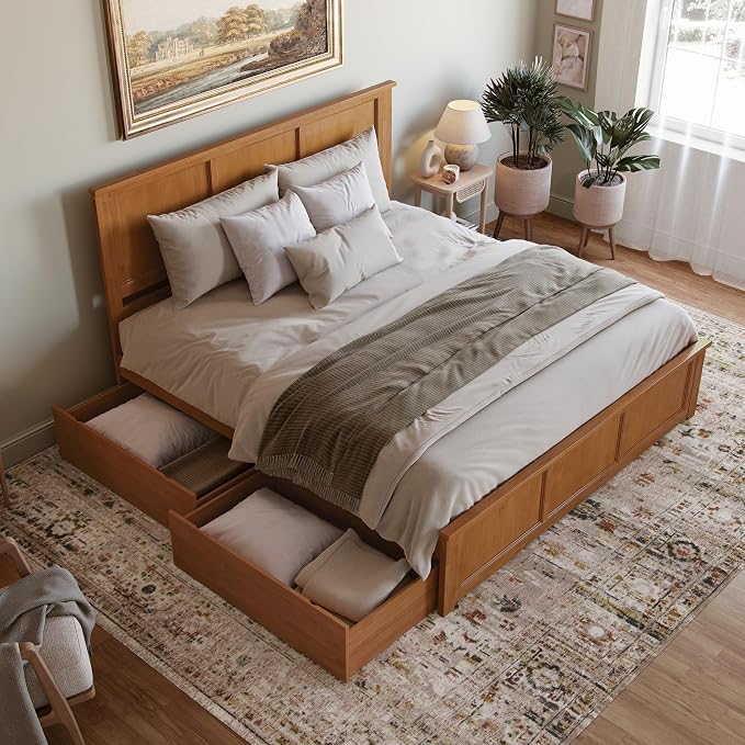 AFI, Madison King Solid Wood Platform Bed with Matching Footboard & Storage Drawers, Light Toffee