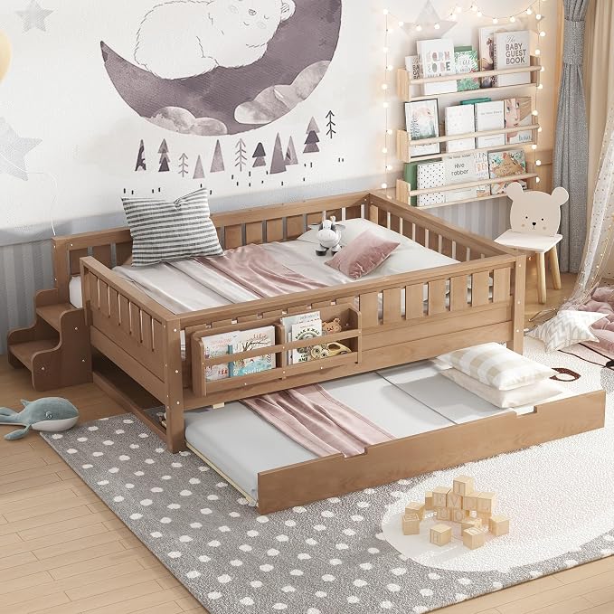 Bellemave Full Kids Montessori Bed with Stairs, Bookshelf and Trundle, Solid Wood Kids Bed Frame with Storage for Boys Girls, Low Profile,Natural