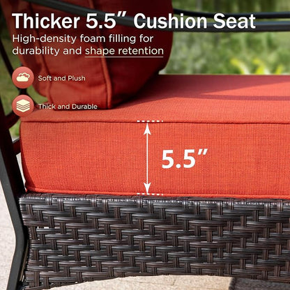 Wicker & Metal Outdoor Patio Couch,3-Seat Patio Sofa with Deep Seating for Front Porch, Deck, Balcony, Backyard, Sunroom,Red