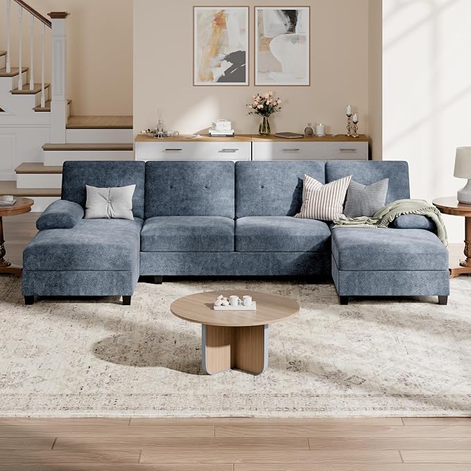 Shintenchi U-Shaped Sectional Couches for Living Room, 4 Seat Sofa with Double Chaise Lounges,Solid Wood Frame Sectional Sofa for Apartment,Dark Grey