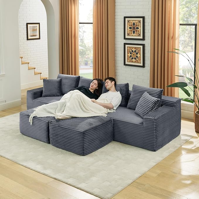 115" U-Shaped Cloud Sectional Couch, Modular Compressed Boneless Sectional Sofa W/Reversible Ottoman Chaise Lounge, Plush Corduroy Boneless Symmetrical Sofa for Living Room
