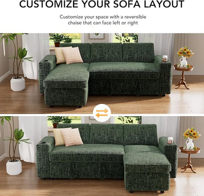 Vipbear Sectional Sleeper Sofa with Pull Out Bed, 82" L Shaped Couch Sleeper Sofa with Reclining Backrest/Reversible Storage Chaise/Armrest Storage/Cup Holder/Side Pocket, Tool-Free Assembly, Green