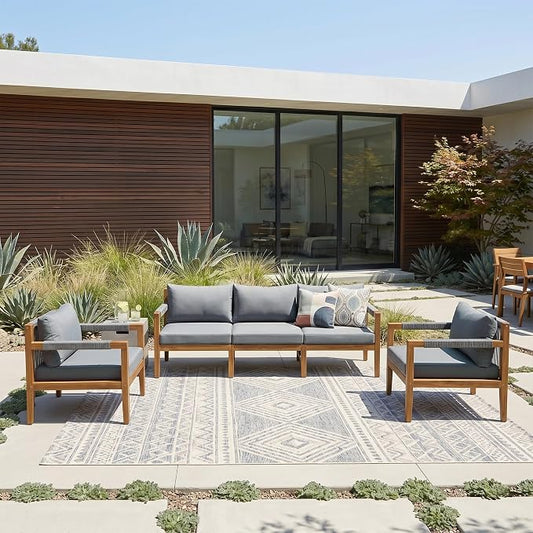 VilroCaz 3-Piece Patio Conversation Set, All Weather Sectional Sofa Set with Acacia Wood Frame and Woven Rope Accents, Outdoor Furniture Set with Cushions for Backyard Deck Poolside (Grey+Rope v)