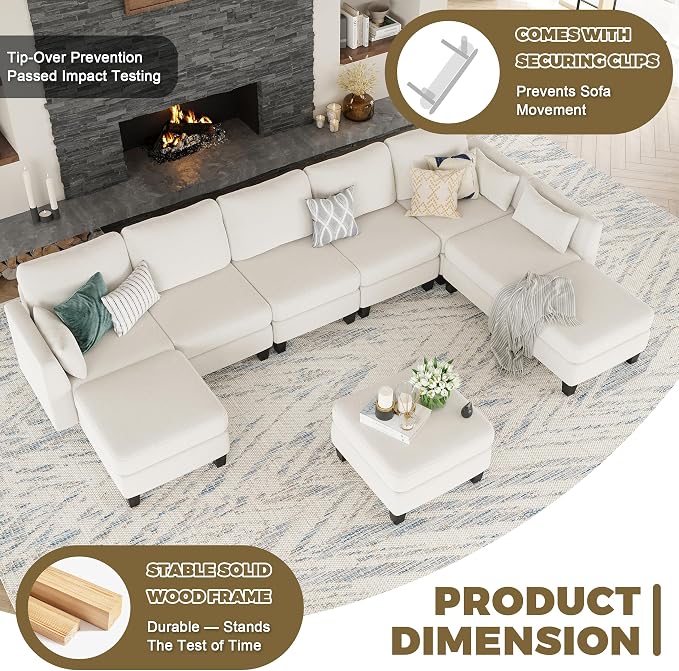 Modular Sectional Sofa, 6 Seaters Modular Sleeper Sofa Couch, Comfy Sectionals Couches Bed, Convertible Sofas with Ottomans, Sectional Couches for Living Room, Beige