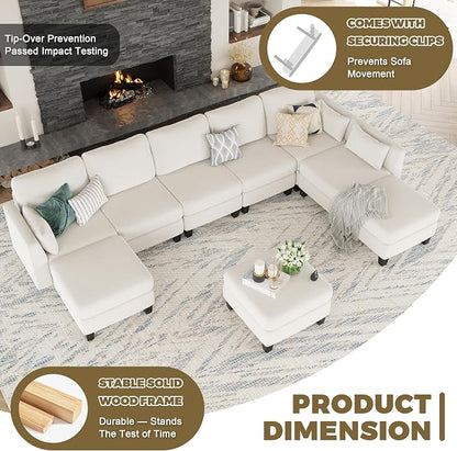 Modular Sectional Sofa, 6 Seaters Modular Sleeper Sofa Couch, Comfy Sectionals Couches Bed, Convertible Sofas with Ottomans, Sectional Couches for Living Room, Beige