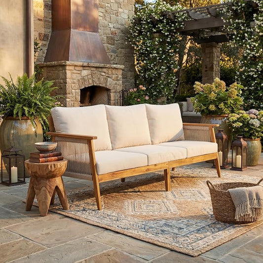 Christopher Knight Home Outdoor 3 Seater Patio Sofa with Acacia Wood Frame and Rope Weave Design, Cushioned Garden Couch with Removable Covers for Patio Deck Balcony, Teak and Beige