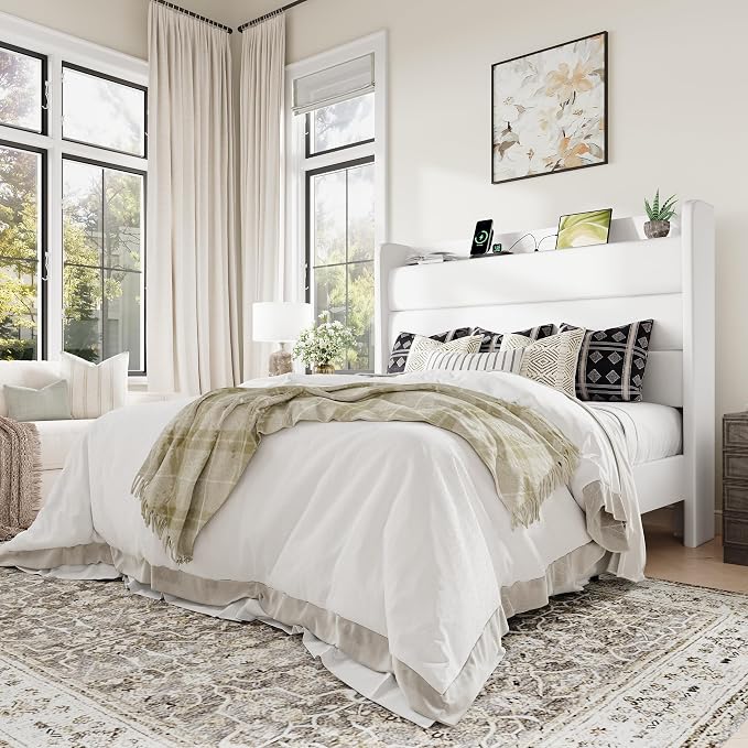 Allewie Full Size Upholstered Bed Frame with Charging Station & Storage Headboard, Soft Velvet Wingback Platform Bed, Strong Wooden Slats Support, No Box Spring Needed, Easy Assembly, White