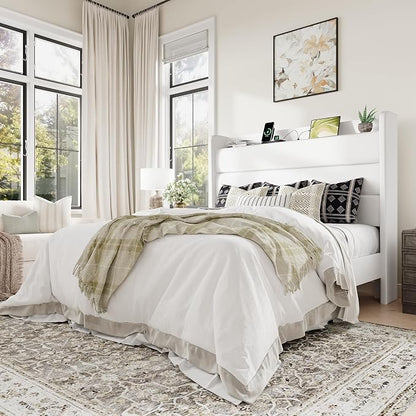 Allewie Queen Size Upholstered Bed Frame with Charging Station & Storage Headboard, Soft Velvet Wingback Platform Bed, Strong Wooden Slats Support, No Box Spring Needed, Easy Assembly, White