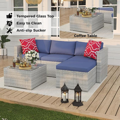 Patio Furniture Set 4 Pieces, Outdoor Patio Furniture Set with Rattan Wicker Chairs, Glass Table and Cushions for Porch, Balcony, Backyard, Garden, Poolside, Brown & Red (Grey+Blue, 5 Pieces)