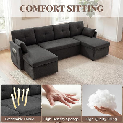 Huatean Home Oversized Sleeper Sofa Couch, 100 inch 2 in 1 Pullout Couch Bed with Side Pockets for Living Room, Sectional Sleeper Sofa Bed with Double Storage Chaise, Black