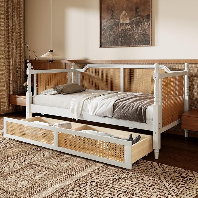 Merax Twin Size Rattan Bed Frame with 2 Storage Drawers, Wood Bedframe Daybed for Bedroom, Guest Room, Limited Spac, No Box Spring Needed, Antique White