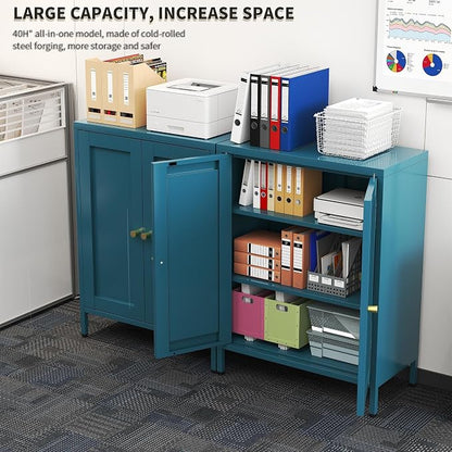 Blue Metal Storage Cabinet with 2 Doors - 31.5''H Bathroom Floor Storage Cabinet, 3 Tier Locker with Adjustable Shelves, Bathroom Cabinet for Office, Home, Living Room, Kitchen
