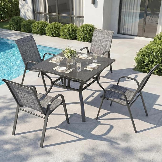 Outdoor Dining Set for 4,5pcs Patio Table and Chairs Set with Adjustable Umbrella Hole,37.8”x37.8” Square Metal Outdoor Table and Stackable Patio Chair for Yard, Garden, Porch