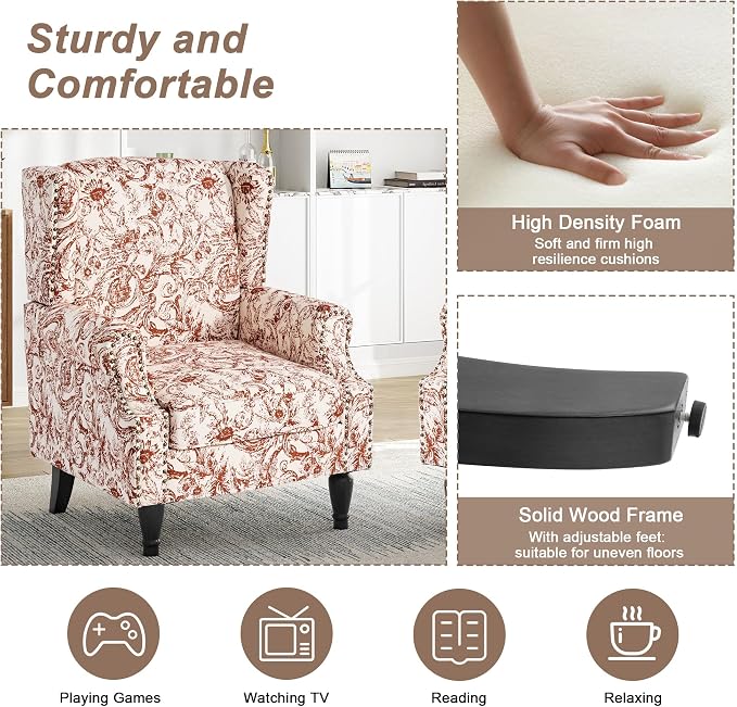 Pia Ricco High Back Floral Accent Chair - Retro Wingback Upholstered Armchair with Nailhead Trim, Solid Wood Legs, Fabric Living Room Bedroom Reading Chair (Rococo Orange)