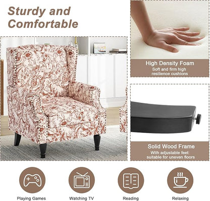 Pia Ricco High Back Floral Accent Chair - Retro Wingback Upholstered Armchair with Nailhead Trim, Solid Wood Legs, Fabric Living Room Bedroom Reading Chair (Rococo Orange)