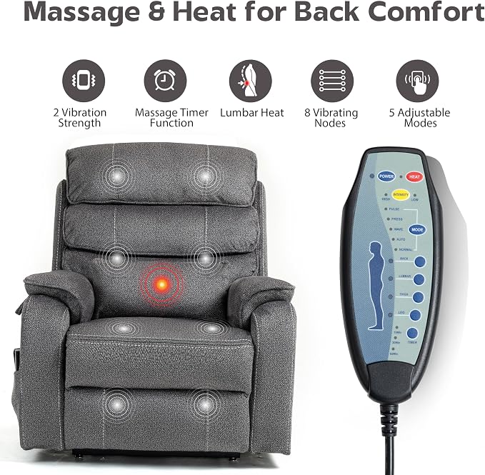 JIKFRIMA Power Lift Recliners Chairs for Elderly Adults Lay Flat Recliner with Heat & Massage, Wireless Charging Device, USB Ports, Cup Holder, Lumbar Pillow, 400Lbs（Grainy Fibric,Grey）