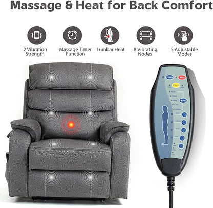 JIKFRIMA Power Lift Recliners Chairs for Elderly Adults Lay Flat Recliner with Heat & Massage, Wireless Charging Device, USB Ports, Cup Holder, Lumbar Pillow, 400Lbs（Grainy Fibric,Grey）