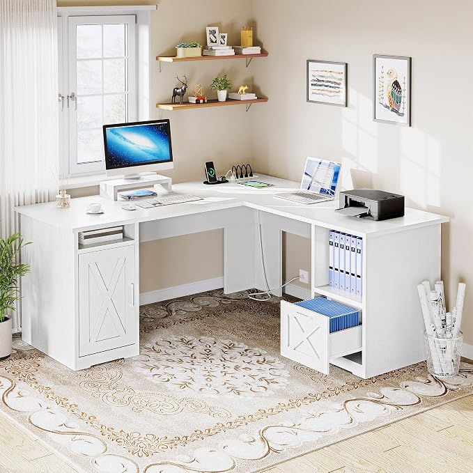 DWVO L Shaped Desk with File Drawer, 60" Corner Computer Desk with Power Outlets, Home Office Desk with Monitor Stand & Storage Shelves & File Cabinet, White