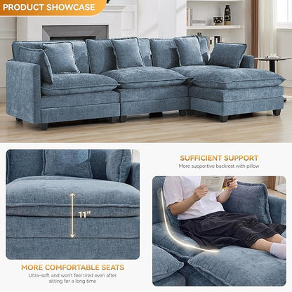 111'' Sectional Cloud Deep Seat Couch, Modern Comfy Chenille L Shaped Sectional Sofa for Living Room Set, Upholstered Modular 4-Seats Sofa Couch with 1 Movable Ottoman, Blue
